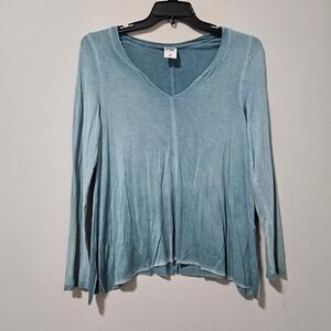 Tokyo Darling Womens Teal Blue Mineral Wash V-Neck Long Sleeve Flowy Top Medium